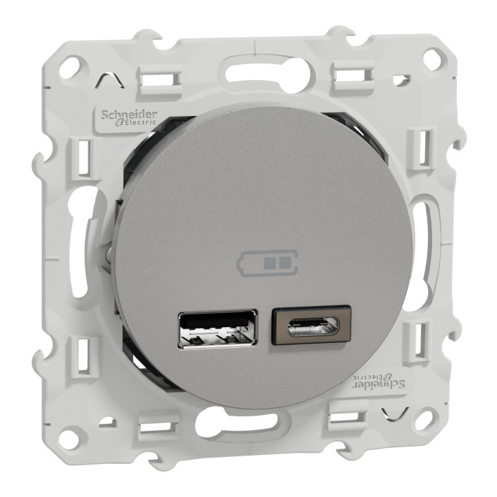 Schneider - Odace Prise double USB Alu - Type A+C - 2.4A - Réf : S530401