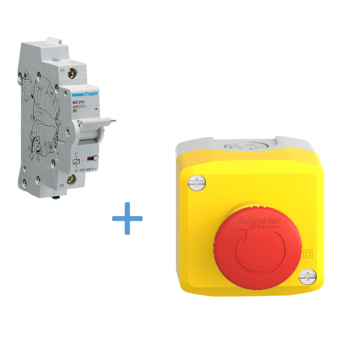 Hager - Déclencheur à émission de tension 230-415V AC - 110-130V DC + arrêt d'urgence - Réf : MZ203+XALK178E