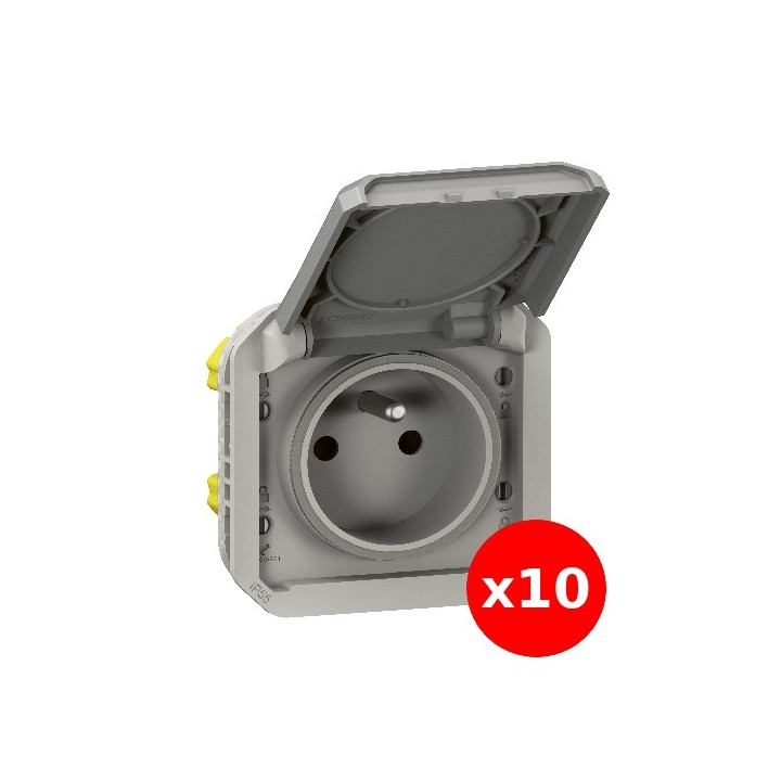 Legrand Plexo - LOT de 10 prises de courant 2P+T - 16A - 250V - composable - étanche - IP55/IK08 - Gris - Réf : 069551Lx10