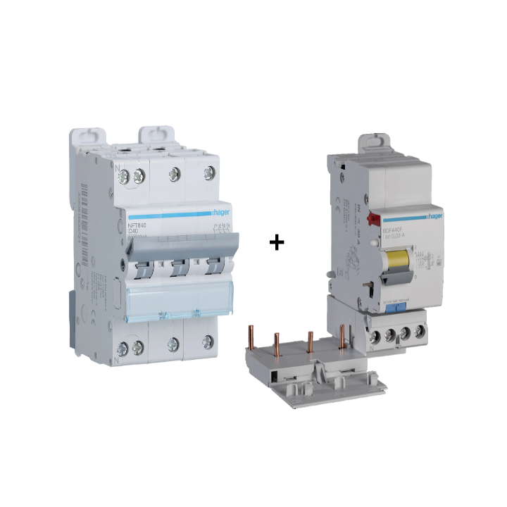 Hager - Disjoncteur 40A - 3P+N - courbe C avec Bloc différentiel 40A - 3P+N - type F - Réf : BDF440F+NFT840