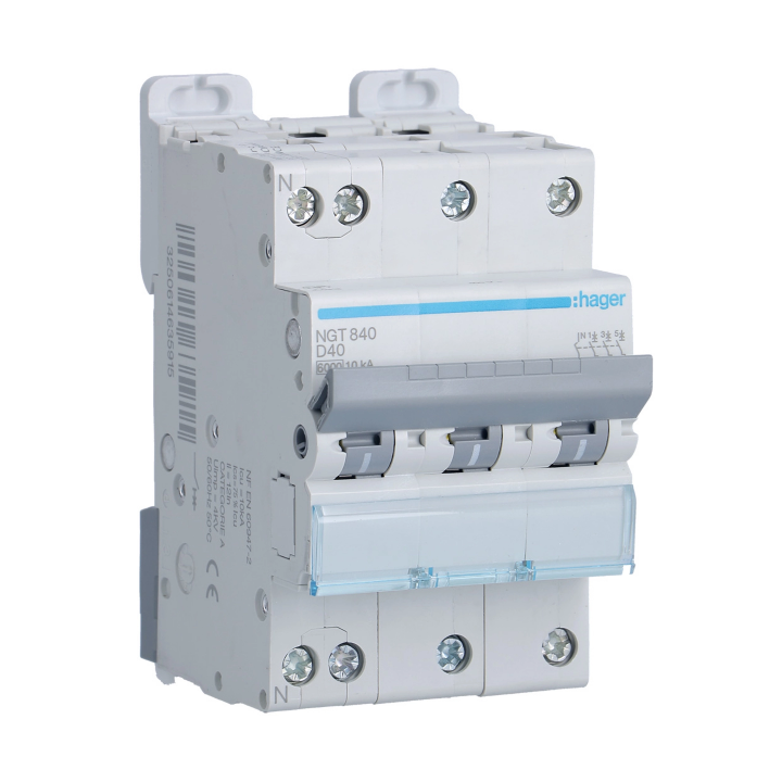 HAGER - Disjoncteur 3P+N 6-10kA courbe D - 40A - 1 module - Réf : NGT840