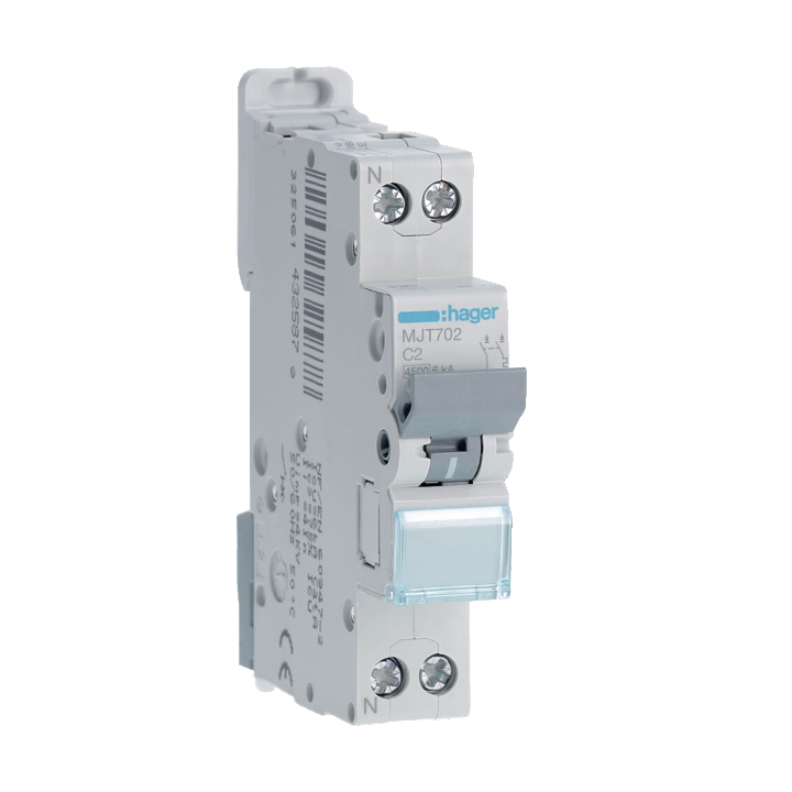 HAGER - Disjoncteur - 1P+N - 2A - VIS/VIS - Courbe C - 6KA - Réf : MJT702