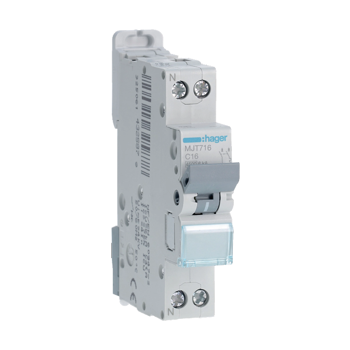 HAGER - Disjoncteur - 1P+N - 16A - VIS/VIS - Courbe C - 6KA - Réf : MJT716