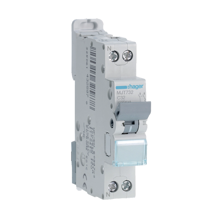HAGER - Disjoncteur - 1P+N - 32A - VIS/VIS - Courbe C - 6KA - Réf : MJT732