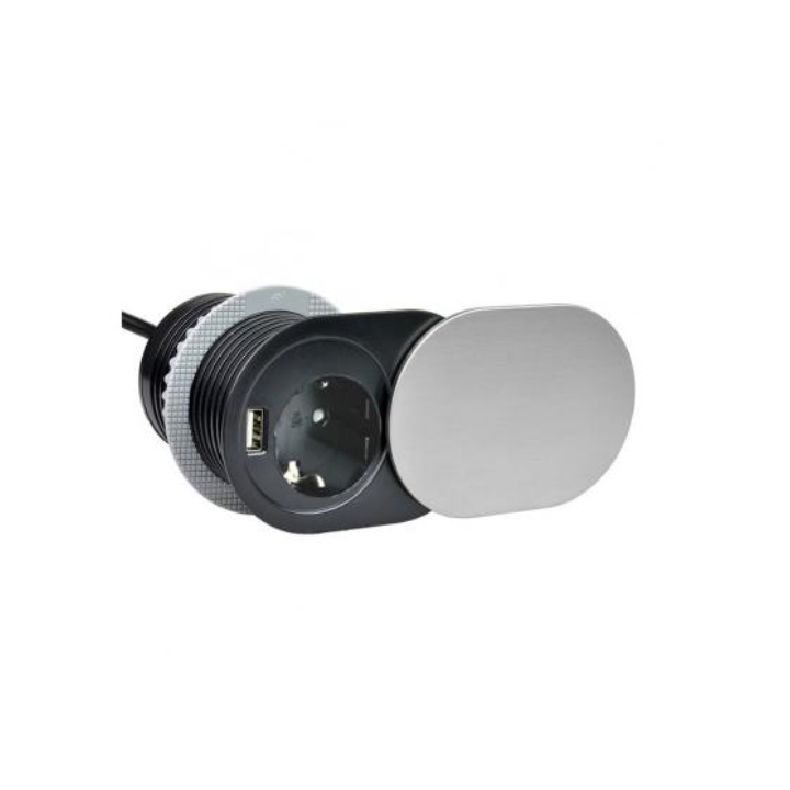 GTV Lighting - Multiprise encastrable SLIDE - 1 x PC 2P+T + 1 x USB Type-A - Ø60mm - Aluminium - Réf : AE-BPW1S1UCH-51