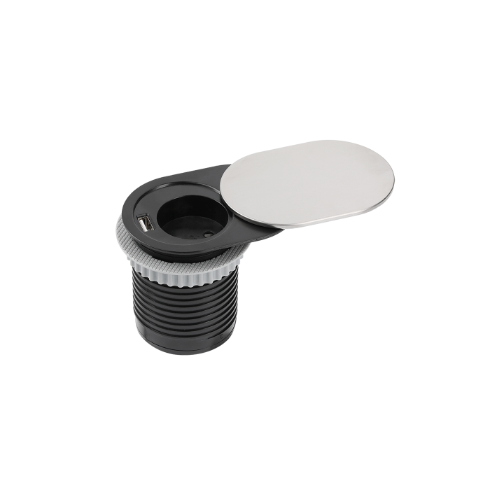 GTV Lighting - Multiprise encastrable SLIDE - 1 x PC 2P+T + 1 x USB Type-A - Ø60mm - Aluminium - Réf : AE-BPW1S1UCH-51