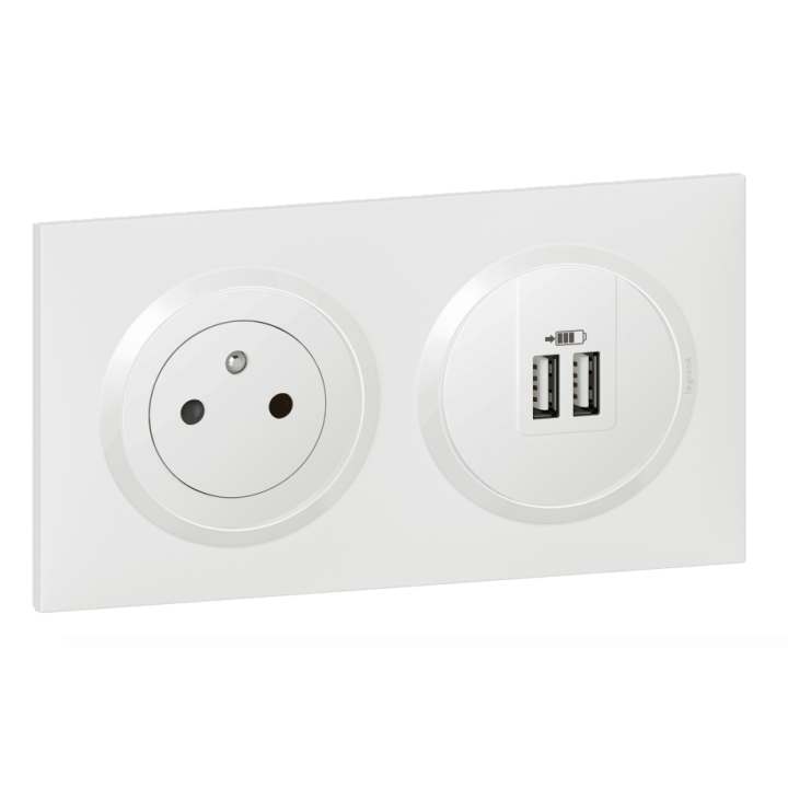 Legrand - Dooxie - LOT Prise de courant 2P+T Surface + chargeur 2 USB Type-A 3A précâblés + plaque - Réf : 600342+600802