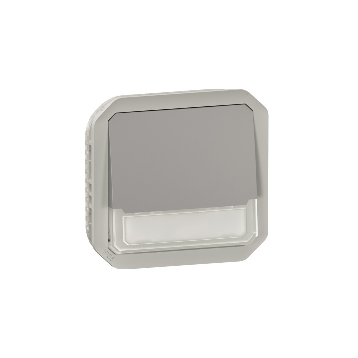 Legrand Plexo - Poussoir NO-NF lumineux porte-étiquette avec voyant - composable - gris - 10A - 250V - IP55/IK08 - Réf : 069544L