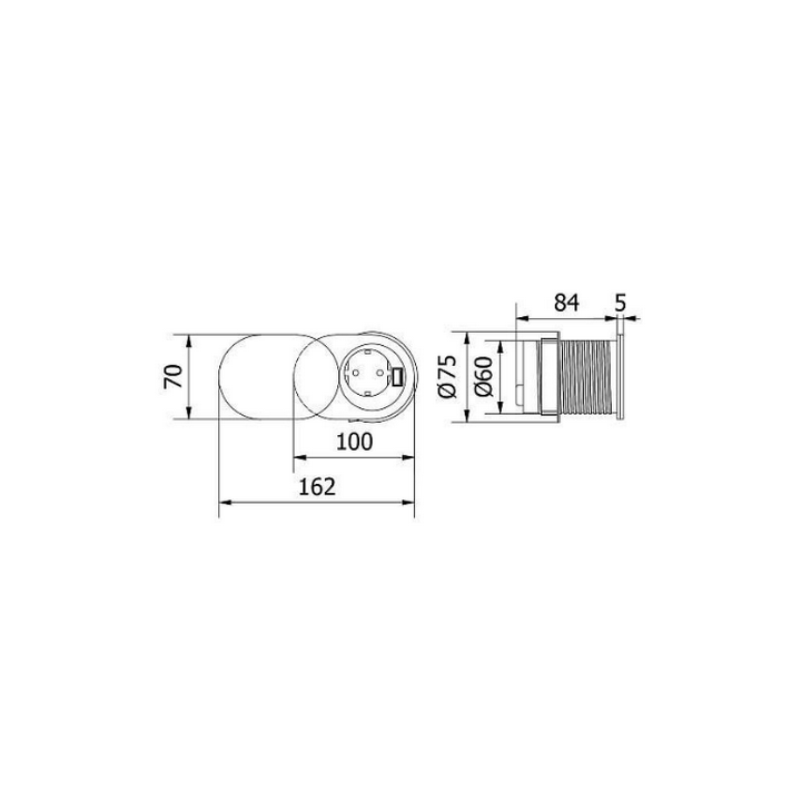 GTV Lighting - Multiprise encastrable SLIDE - 1 x PC 2P+T + 1 x USB Type-A - Ø60mm - Aluminium - Réf.: AE-BPW1S1UCH-51