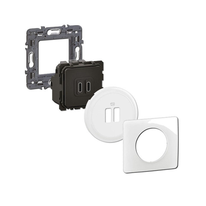 Legrand - Céliane 2024 - Double prise chargeur USB - Type C - Blanc - COMPLET - Réf : 080251 + CM0154 + CB0154 + CP0001