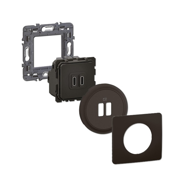 Legrand - Céliane 2024 - Double prise chargeur USB - Type C - Noir - COMPLET - Réf : 080251 + CM0154 + CB0154 + CP0101