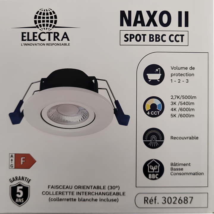 Electra - Spot LED Ø68 Dimmable alu - orientable - 6W - IP65 - BBC - Angle 60° - 2700/3000/4000/5000°K - Réf : 302687+302769