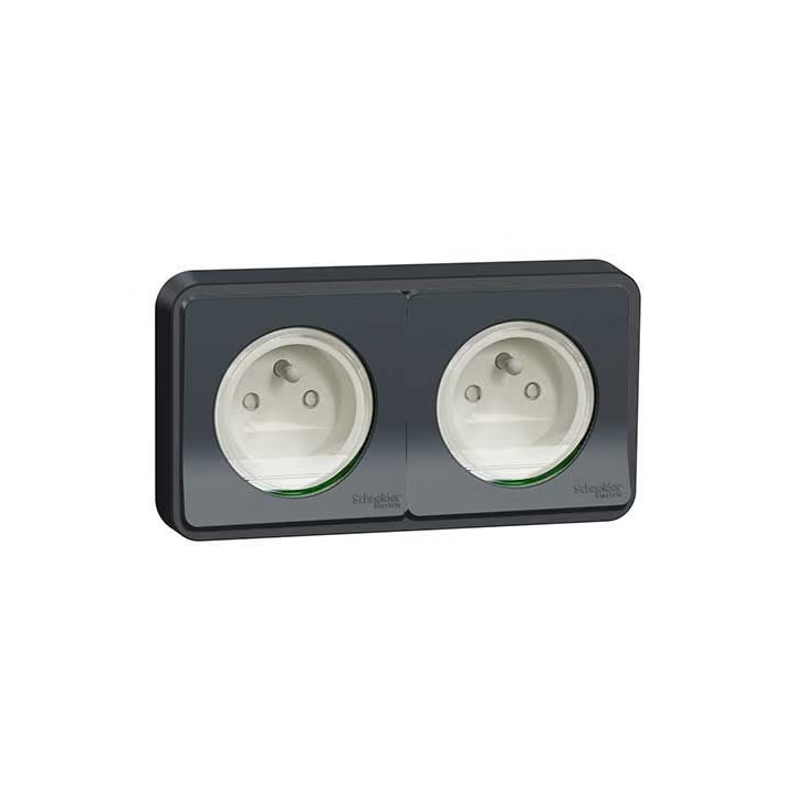 Schneider - Mureva Styl - Double prise 2P+T horizontale - encastré - IP55 - connexion auto - gris - Réf : MUR34101 + MUR36133 x2