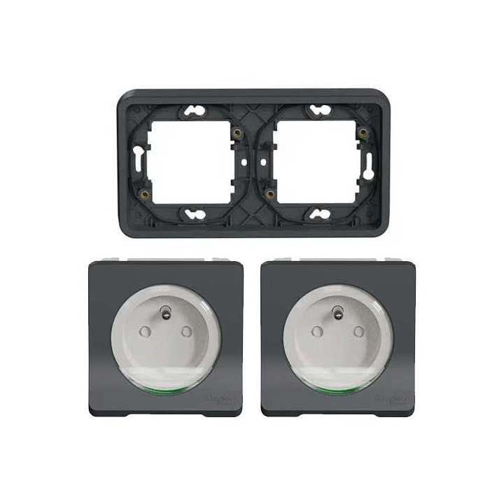 Schneider - Mureva Styl - Double prise 2P+T horizontale - encastré - IP55 - connexion auto - gris - Réf : MUR34101 + MUR36133 x2