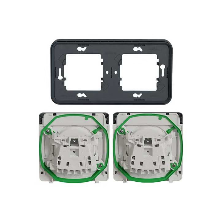 Schneider - Mureva Styl - Double prise 2P+T horizontale - encastré - IP55 - connexion auto - gris - Réf : MUR34101 + MUR36133 x2