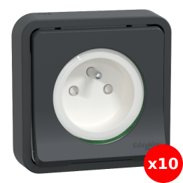Schneider - Mureva Styl - LOT de 10 prises 2P+T encastré - IP55 - IK08 - connexion auto - noir - Réf : MUR35036