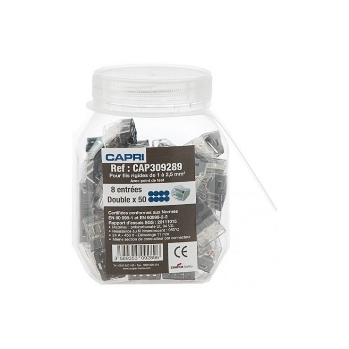 Capri - Bornes automatique 8 entrées pour fil rigide 2.5mm² noire 960° (boite de 50 connecteurs) - Réf : CAP309289