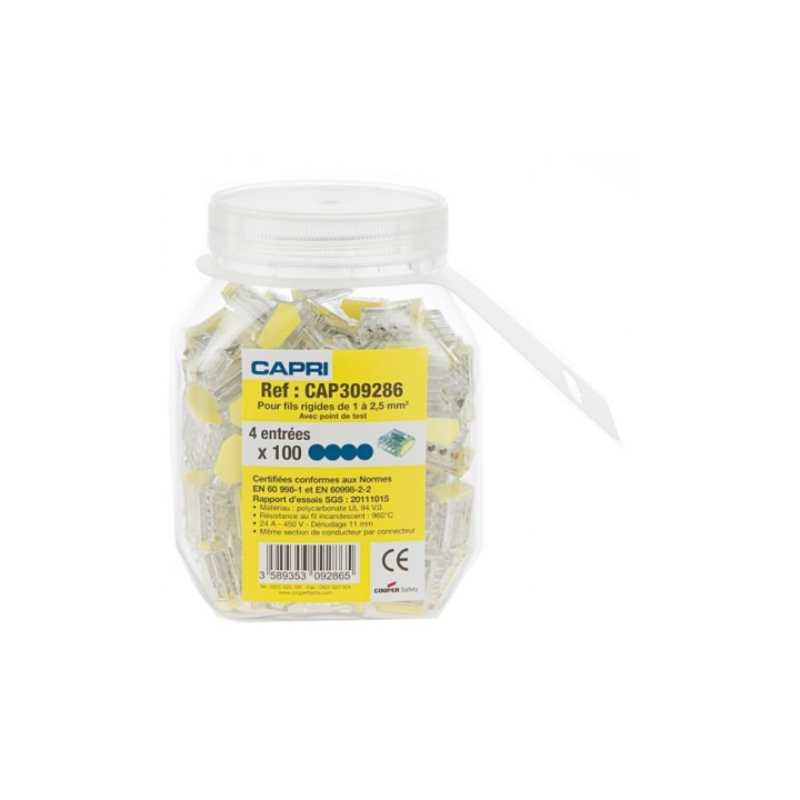 Capri - Bornes automatique 4 entrées pour fil rigide 0,5 à 2.5mm² (boite de 100 connecteurs) - Réf : 309286