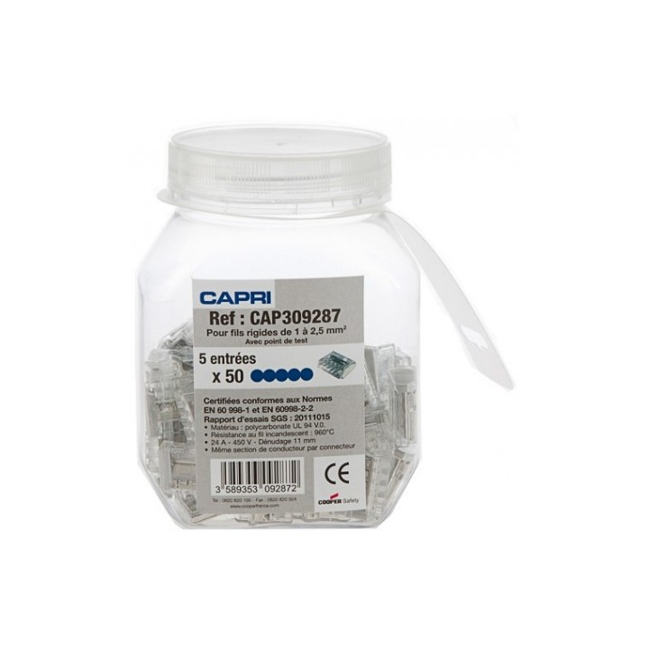 Capri - Bornes automatique 5 entrées pour fil rigide 0,5 à 2.5mm² (boite de 50 connecteurs) - Réf : 309287