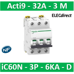 Schneider - Acti9 - iC60N - Disjoncteur - 3P - 32A - 6kA - courbe D - Réf : A9F75332