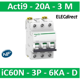 Schneider - Acti9 - iC60N - Disjoncteur - 3P - 20A - 6kA - courbe D - Réf : A9F75320