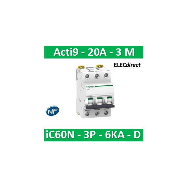 Schneider - Acti9 - iC60N - Disjoncteur - 3P - 20A - 6kA - courbe D - Réf : A9F75320