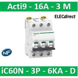 Schneider - Acti9 - iC60N - Disjoncteur - 3P - 16A - 6kA - courbe D - Réf : A9F75316