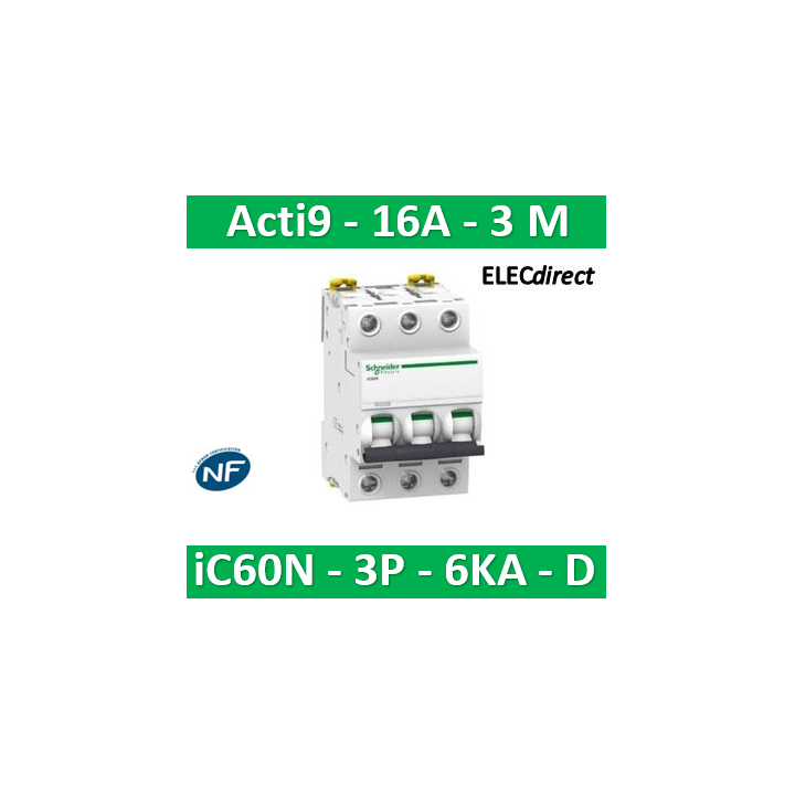 Schneider - Acti9 - iC60N - Disjoncteur - 3P - 16A - 6kA - courbe D - Réf : A9F75316
