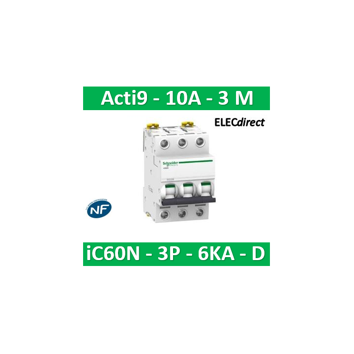 Schneider - Acti9 - iC60N - Disjoncteur - 3P - 10A - 6kA - courbe D - Réf : A9F75310