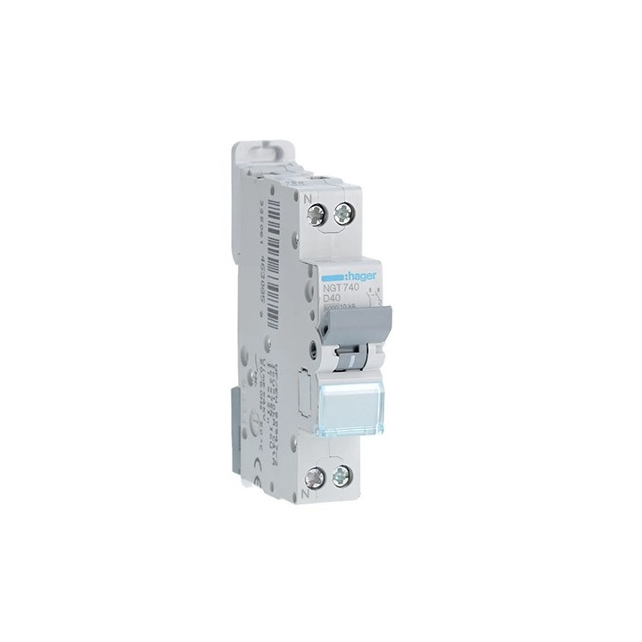 HAGER - Disjoncteur 1P+N 6-10kA - courbe D - 40A -1 module - Réf : NGT740