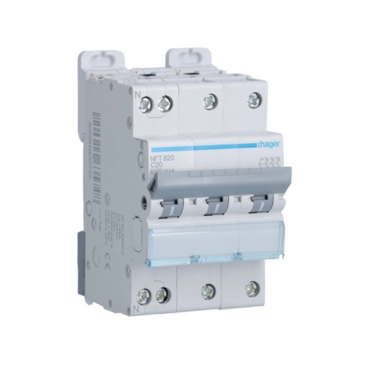 Hager - Disj. 3P+N - 6-10kA - Courbe C - 20A 3m - Réf : NFT820