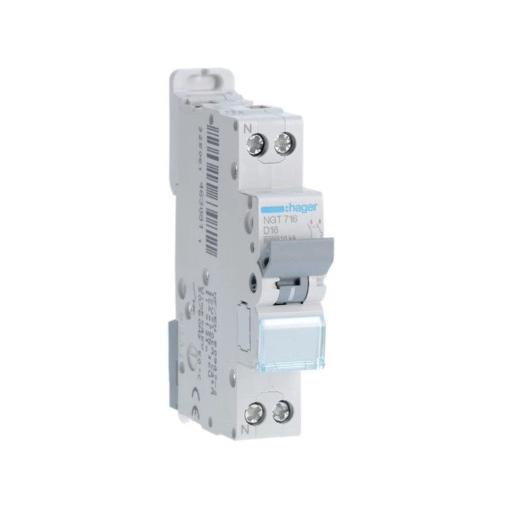 HAGER - Disjoncteur 1P+N 6-10kA - courbe D - 16A -1 module - Réf : NGT716