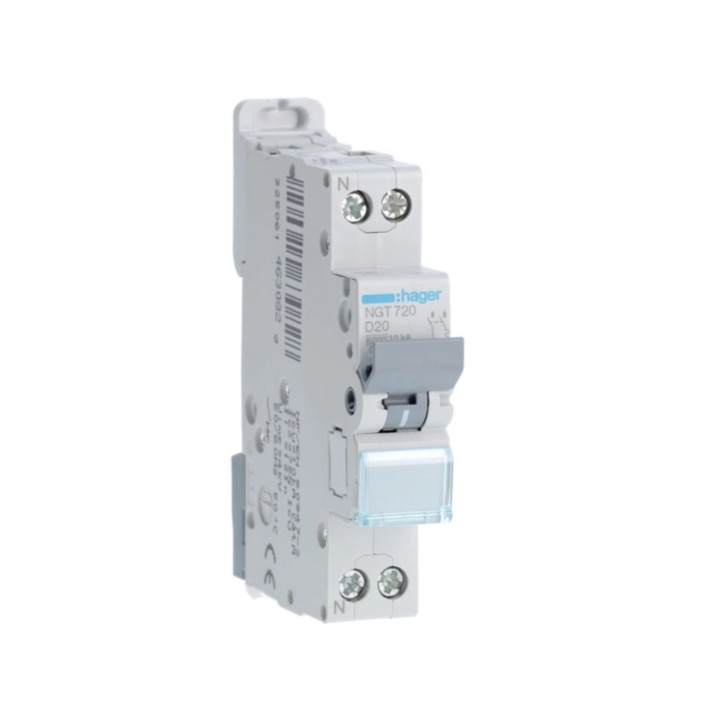 HAGER - Disjoncteur 1P+N 6-10kA - courbe D - 20A - 1 module - Réf : NGT720