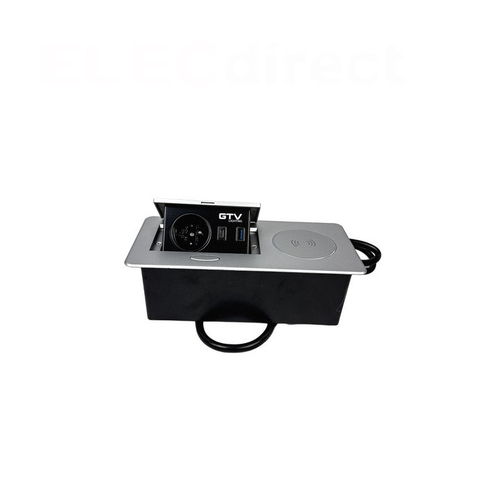 GTV Lighting - Bloc prise à encastrer AVARO - chargeur induction - 1 prise - 2 USB - Aluminium - Réf.: AE-PB1FAVAP-53