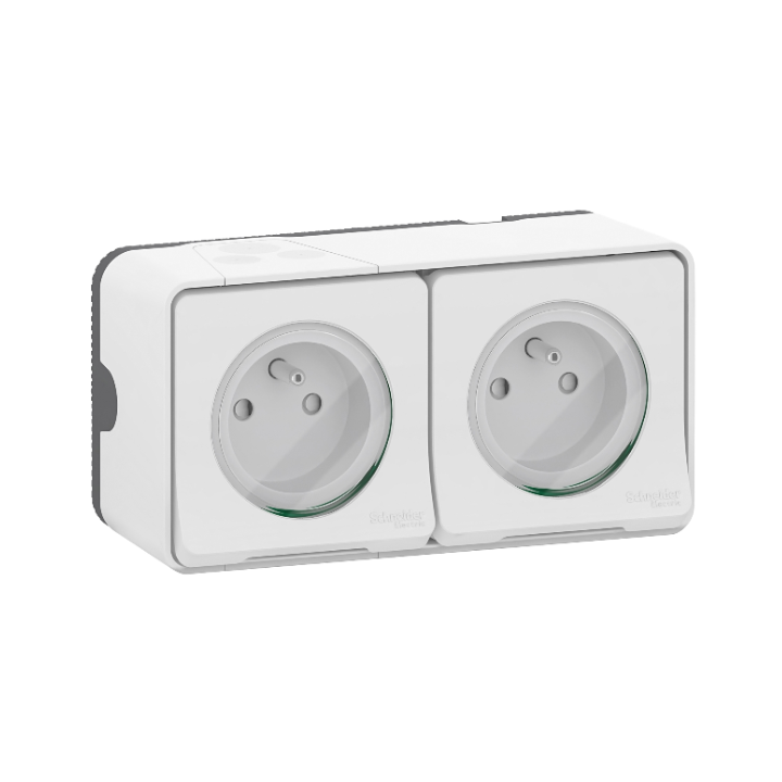 Schneider - Mureva Styl - Double prise 2P+T précâblée horizontale - saillie - IP55 - connexion auto - blanc - Réf : MUR36027