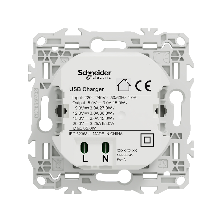 Schneider - Odace 2025 - chargeur USB-C 65W - forte puissance et charge rapide - blanc craie - Réf : S920406