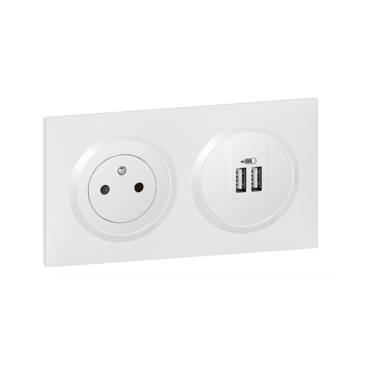 Legrand Dooxie - Prise de courant 2P+T 16A + double USB + plaque - Blanc - 600335+600343+600802