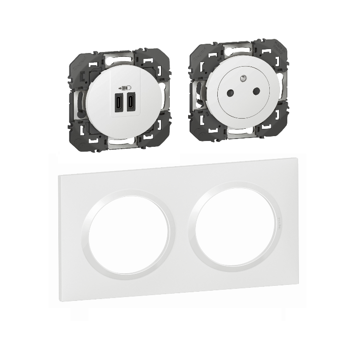 Legrand - Dooxie - Prise de courant 2P+T 16A + double USB-C + plaque - Blanc - Réf : 600335+600345+600802