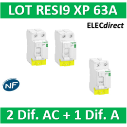 SCHNEIDER - LOT de 3 inter dif. RESI9 XP - (2 - ID 2x63A 30mA AC/1 - ID 2x63A 30mA A) - R9PRC263x2+R9PRA263
