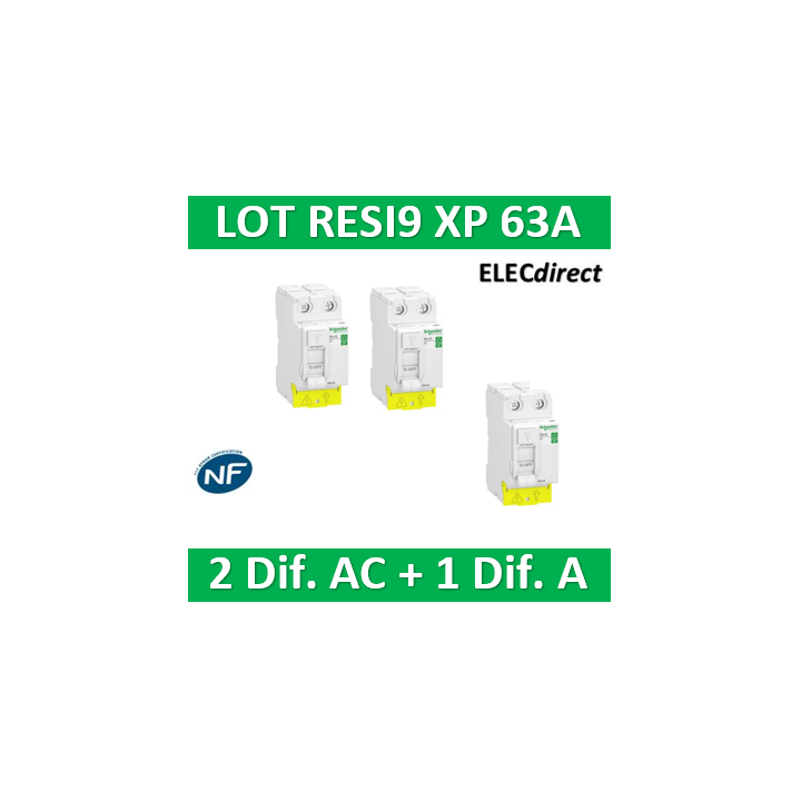 SCHNEIDER - LOT de 3 inter dif. RESI9 XP - (2 - ID 2x63A 30mA AC/1 - ID 2x63A 30mA A) - R9PRC263x2+R9PRA263