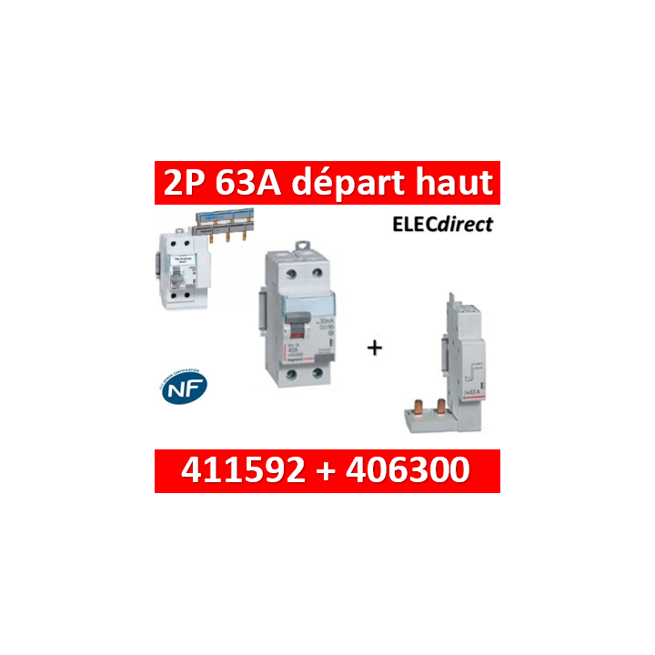 LEGRAND - Interrupteur Différentiel 2P - 63A - 30ma Type HPI Départ Haut - 411592+406300