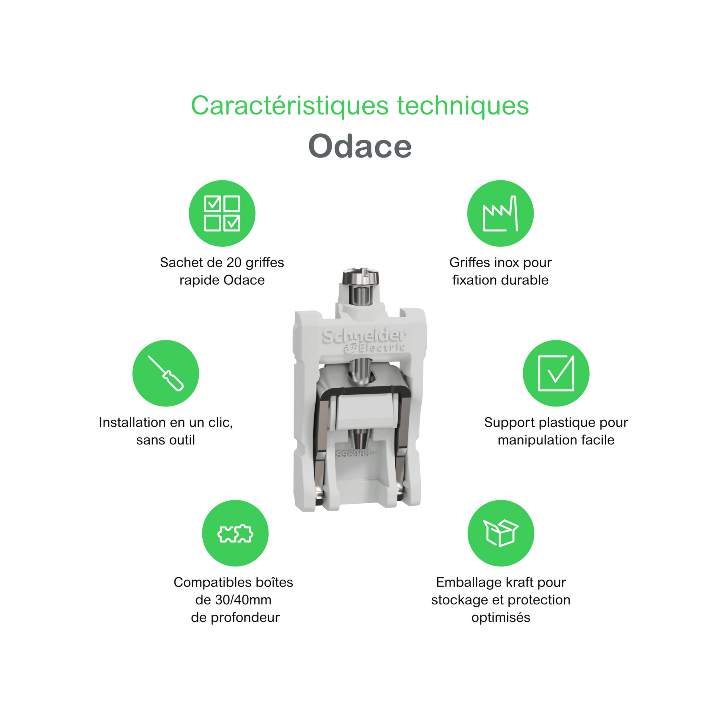 Schneider - Odace 2025 - sachet de 20 griffes courtes - boîtes 30/40 mm - Réf : S989690