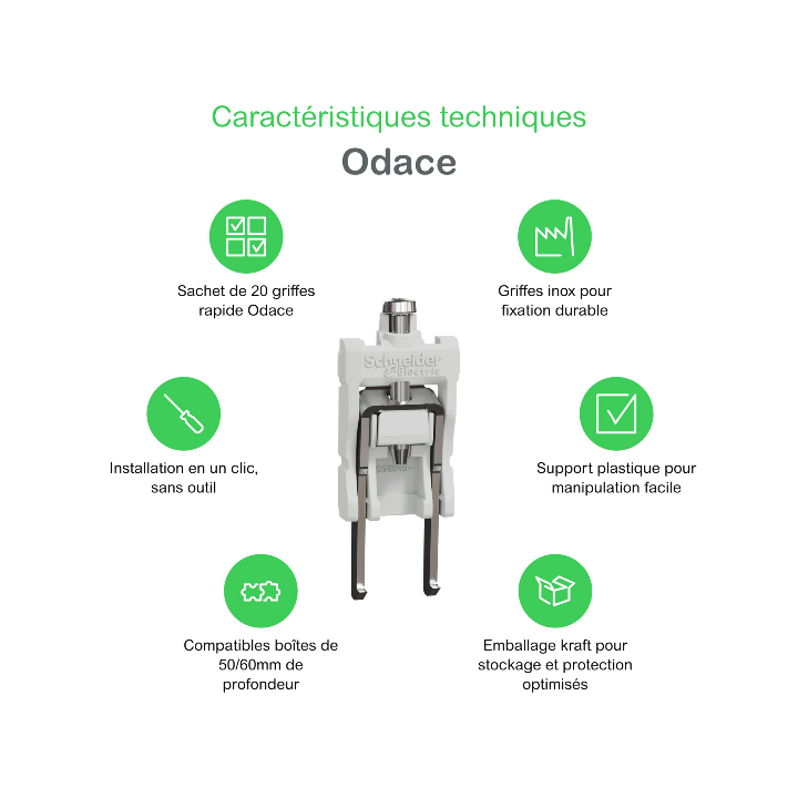 Schneider - Odace 2025 - sachet de 20 griffes longues - boîtes 50/60 mm - Réf : S989691