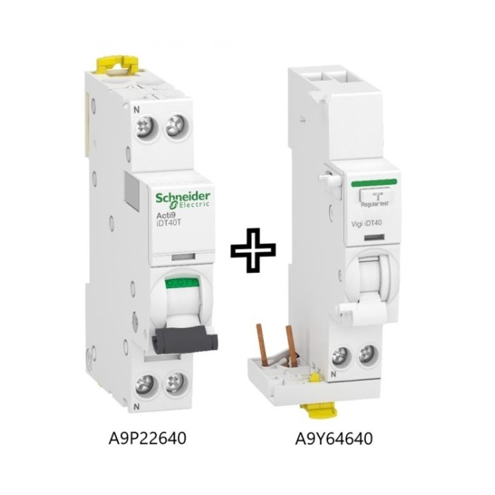 Schneider - Acti9 iDT40 - LOT Disjoncteur 40A courbe C + Bloc Vigi 40A 30mA type ASI - Réf : A9P22640 + A9Y64640