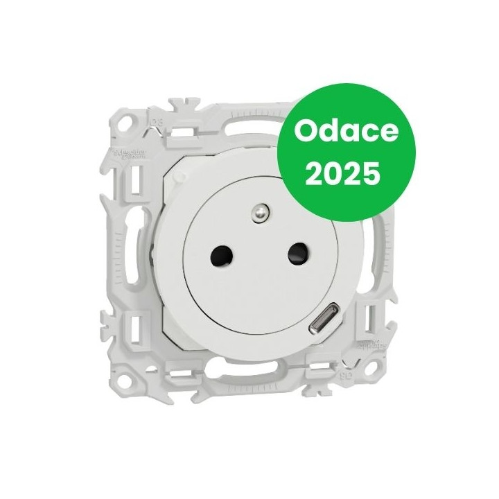 Schneider - Odace 2025 - prise 2P+T affleurante + chargeur USB-C 18W Power Delivery - blanc craie - Réf : S920042
