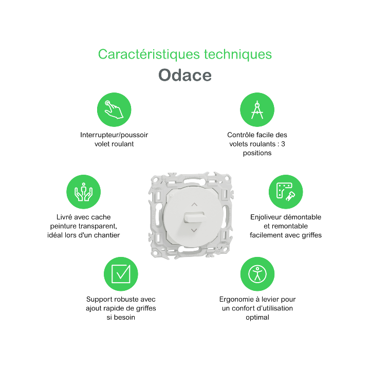Schneider - Odace 2025 - interrupteur ou poussoir volet roulant 3 positions à levier - blanc craie - Réf : S920208