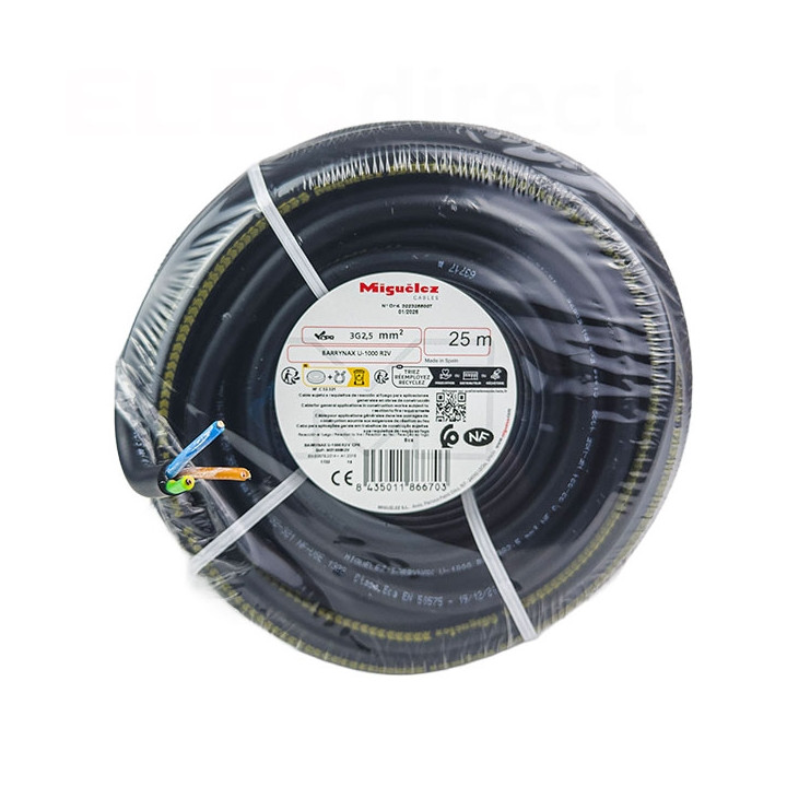 Câble rigide U-1000 R02V 3G2,5 - Couronne de 25 mètres - Réf : CABLER2V3G25C25