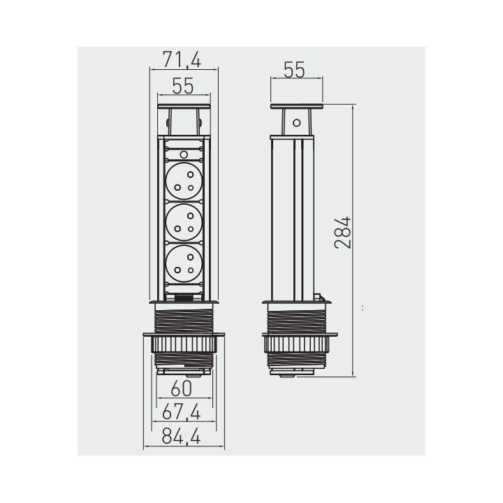 GTV Lighting - Multiprise Encastrable fi60 - 3 x PC 2P+T - Argent - Ronde - Ø60 mm - Réf : AE-BPW3U60-80