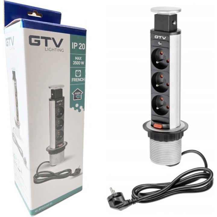 GTV Lighting - Multiprise Encastrable fi60 - 3 x PC 2P+T - Argent - Ronde - Ø60 mm - Réf : AE-BPW3U60-20