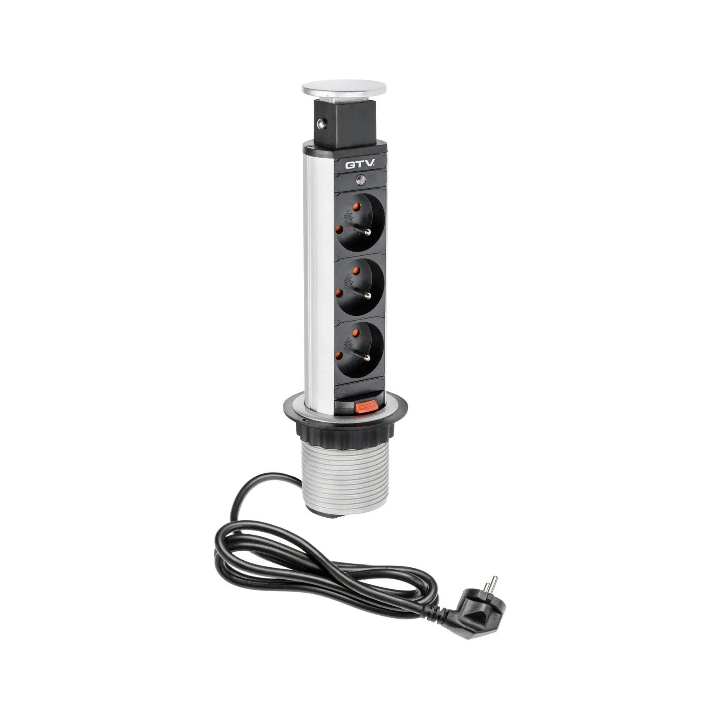 GTV Lighting - Multiprise Encastrable fi60 - 3 x PC 2P+T - Argent - Ronde - Ø60 mm - Réf : AE-BPW3U60-80